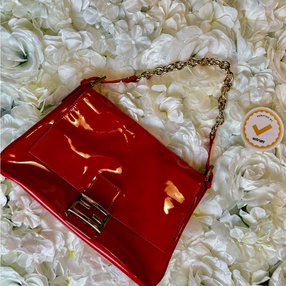 Fendi Mamma Baguette Red Patent Leather Handbag Authentic